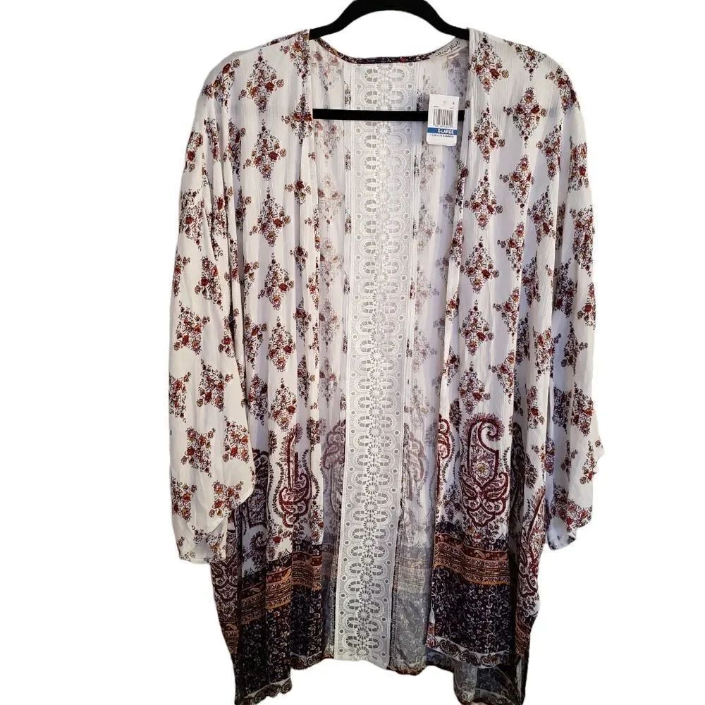 Ultra Flirt Juniors Lace Inset Floral Print Rayon Open Front Kimono